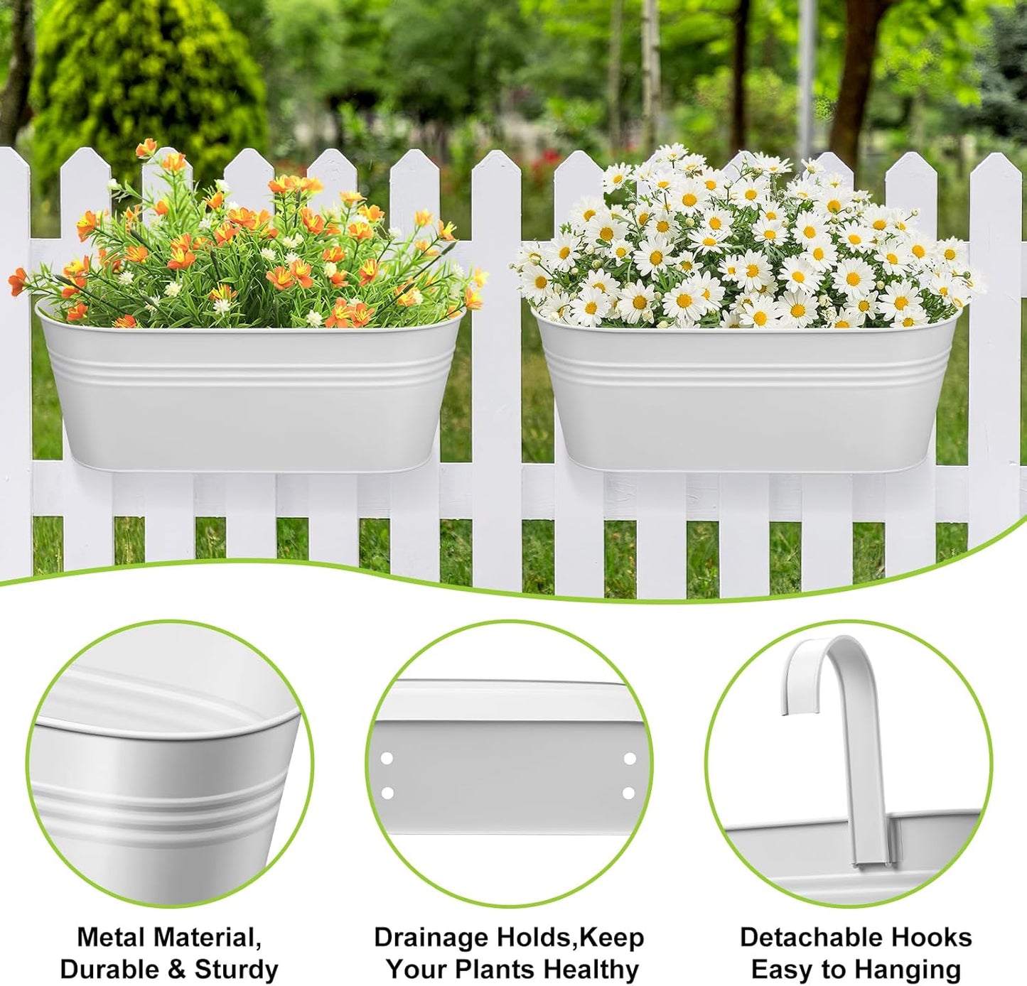 3 Pcs Large Balcony Planters Railing Hanging Flower Pots- 16.2 Inch Metal Railing Planter Box Fence Planters for Outdoor Plants with Detachable Hooks and Drain Holes for Garden Decor (White-16.2inch)