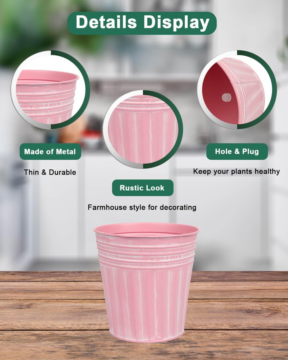 6 Inch Pink Metal Rustic Flower Pots - 6Pcs Medium Galvanized Planters with Drainage Hole and Rubber Plug, Rustproof Metal Bucket Plant Pots Farmhouse Vintage Style for Decor