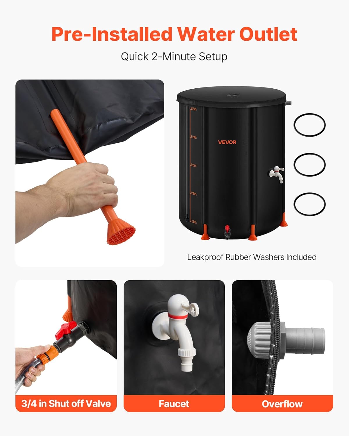 VEVOR Collapsible Rain Barrel, 53 Gallon Portable Rain Water Collection Barrel, 1000D PVC Rainwater Collection System, Garden Water Catcher Tank Storage Container with Spigot & Overflow Kit, Black