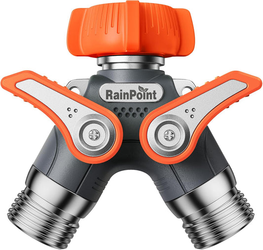 RAINPOINT Garden Hose Splitter, 2 Way Heavy Duty Water Hose Y Spigot Splitter with Shutoff Valves, 100% Metal Body Outdoor Faucet Splitter, 1.9" Extra Long Metal Handle, 3/4" GHT Thread (1, Orange)