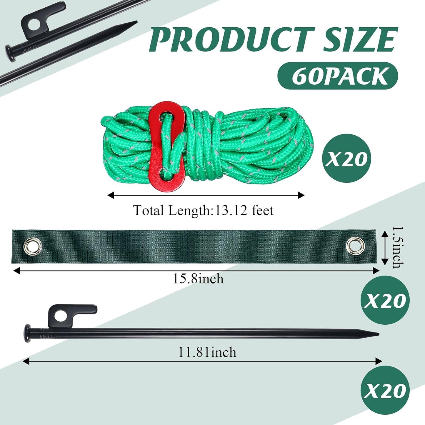 Suzile 60 Pcs Tree Stake Kit, Heavy Duty Tree Staking and Supports for Leaning Trees Include 11. 8'' Steel Stakes 15. 8'' Support Straps 13. 12 ft Ropes for Anchoring Hurricane Protection (Green)