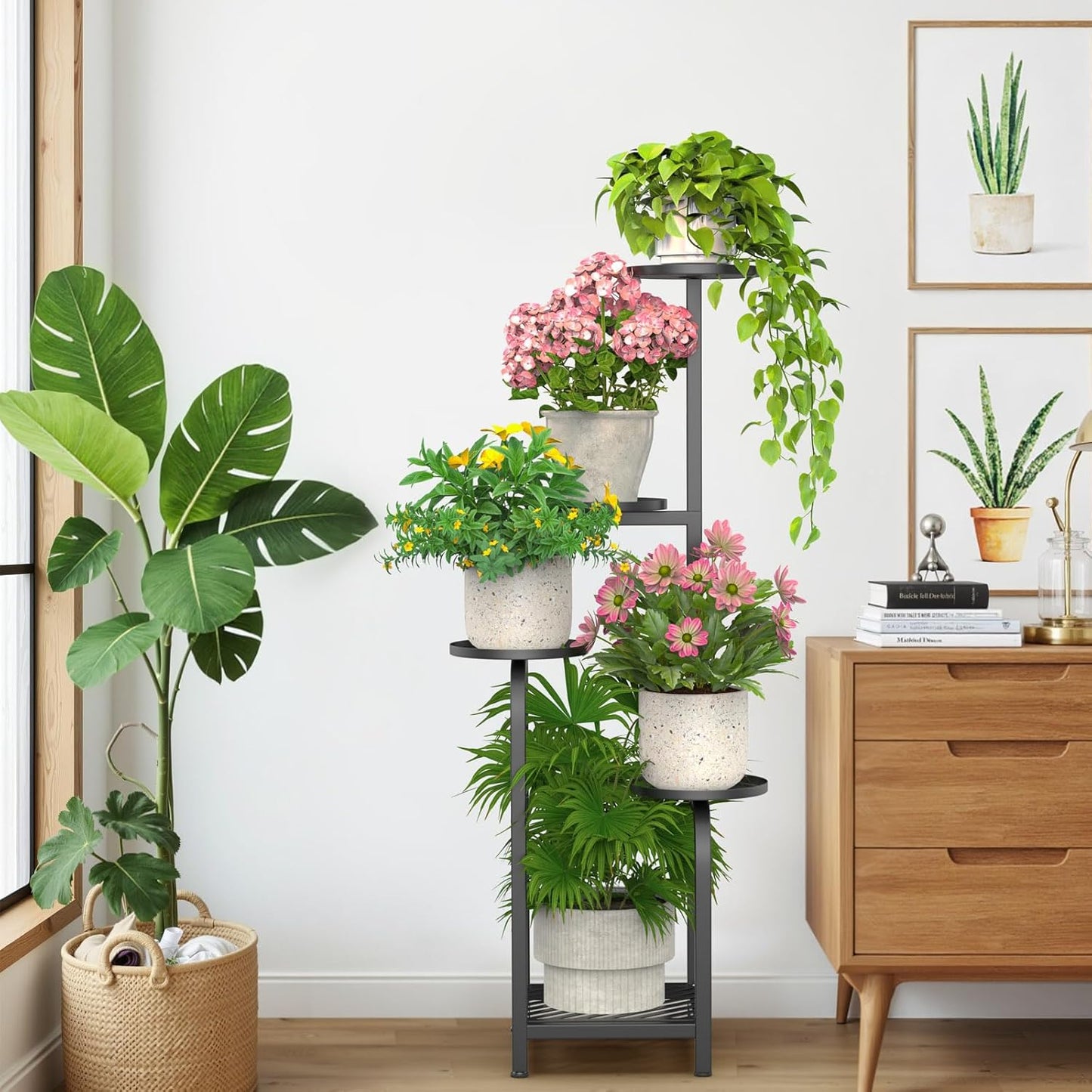 TOSKING 5 Tier Tall Plant Stand Indoor Outdoor, Heavy Duty Corner Shelf for Plants & Decor, Space Saving 3.9FT Metal Flower Pot Stand for Balcony, Garden, Living Room, Patio (Black, 47in)