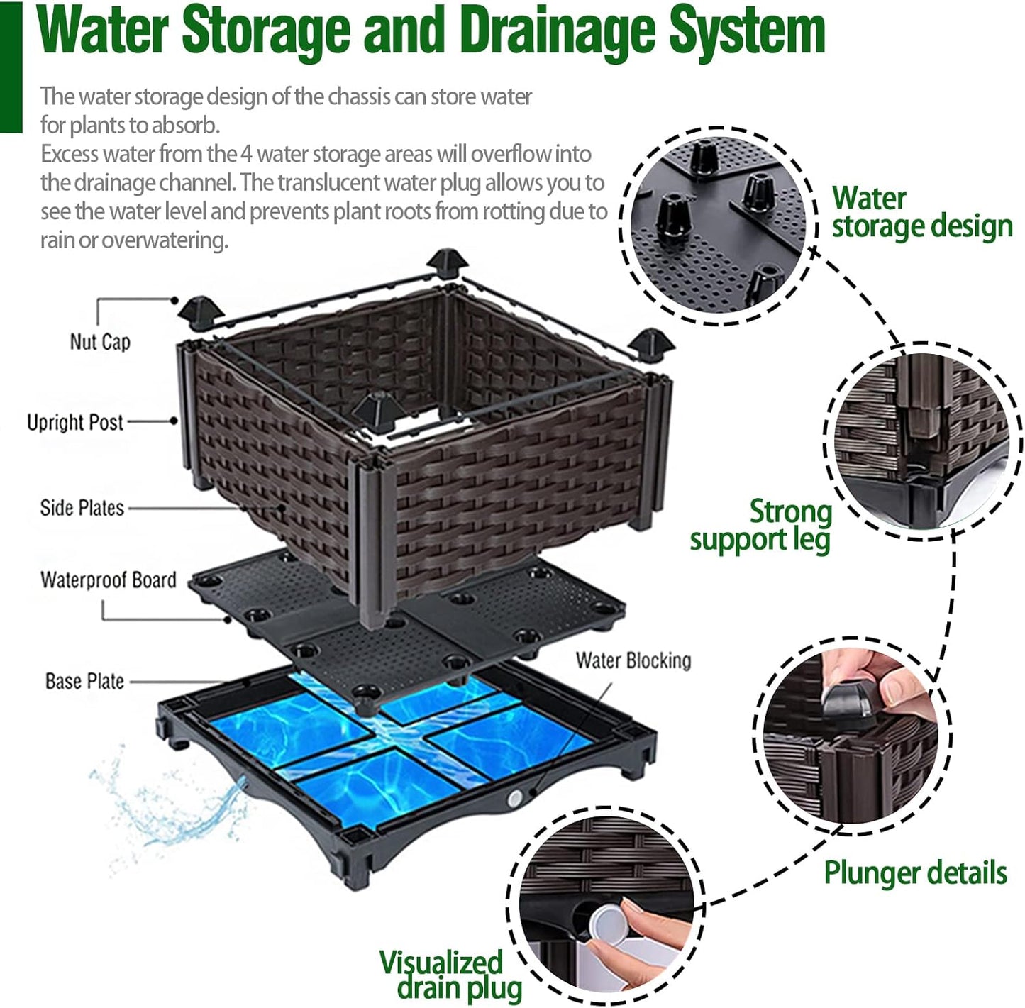 Raised Garden Box Planter, Polypropylene, Outdoor, 63'L x 15'H x 16'W, Large Plant Pot for Flowers, Vegetables, Tomato and Herbs, Self-Watering, Drainage Holes, Tool-Free Assembly