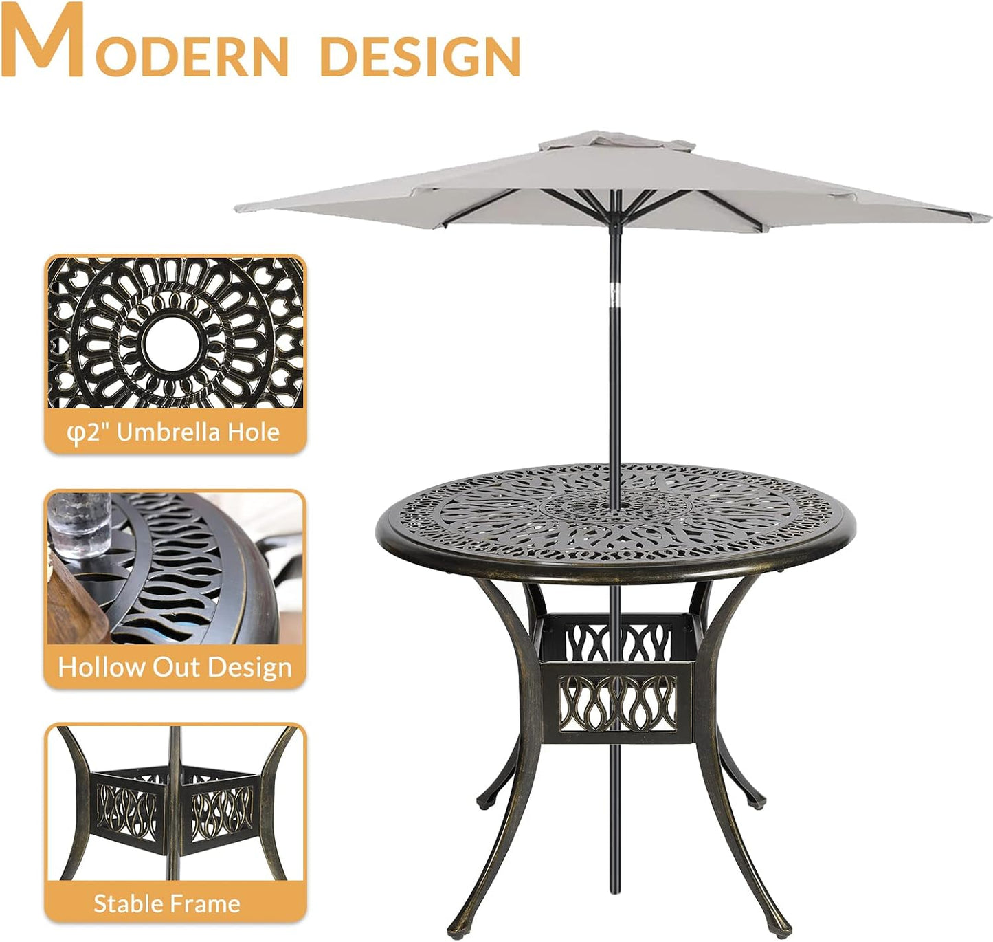 3-Piece Outdoor Patio Dining Set, All-Weather Cast Aluminum Patio Furniture Set for Backyard Garden Deck with 2 Cushioned Chairs and 35.4” Round Table, 2" Umbrella Hole