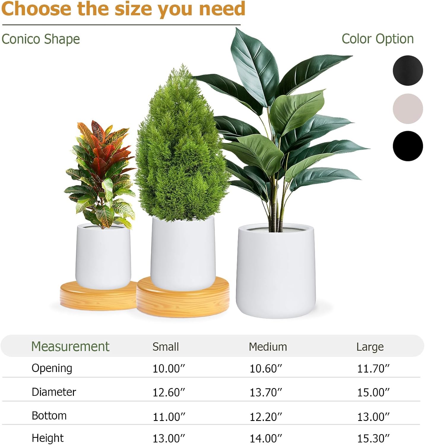13" H x 12.6" D Conico Fiberstone Round Planter with Drainage Hole, Smooth Finishes, Weather Resistant for Indoor and Outdoor Use, Included 2 Extra Coco Mats (White, 10" Pot Opening)