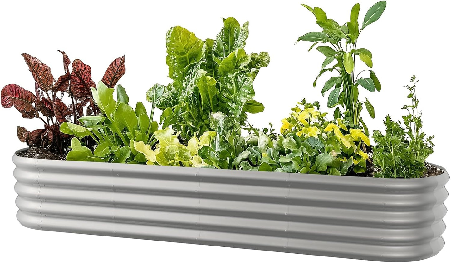 8x2ft Oval Galvanized Raised Garden Bed Kits 16" Tall Outdoor Large Metal Modular Planter Box 9-in-1 Raised Beds for Gardening,Vegetables,Fruits,Flowers & Herbs (Silver)