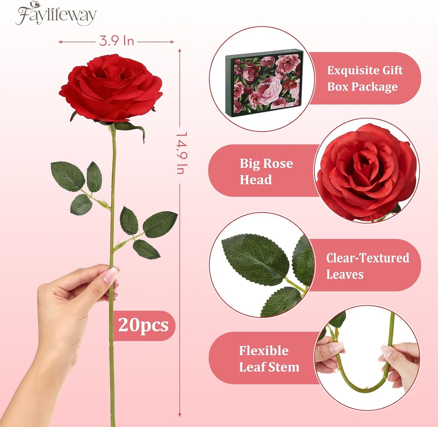 20PCS Artificial Red Roses, 3.9'' Silk Flower Head Fake Red Rose with Long Stems, Realistic Faux Roses Bouquet for DIY Wedding Home Party Office Decoration
