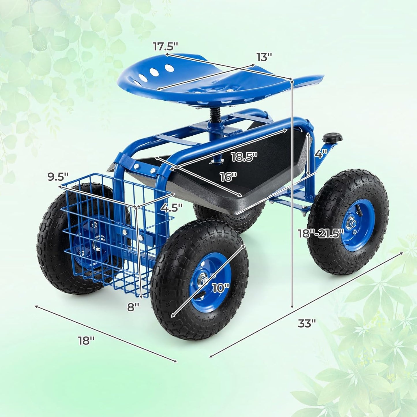 S AFSTAR Rolling Garden Cart, Wagon Scooter with 360° Swivel Seat, Storage Tray, Basket & Rubber Wheels, Heavy-Duty Gardening Tool Cart for Weeding, Patio & Yard (Blue)