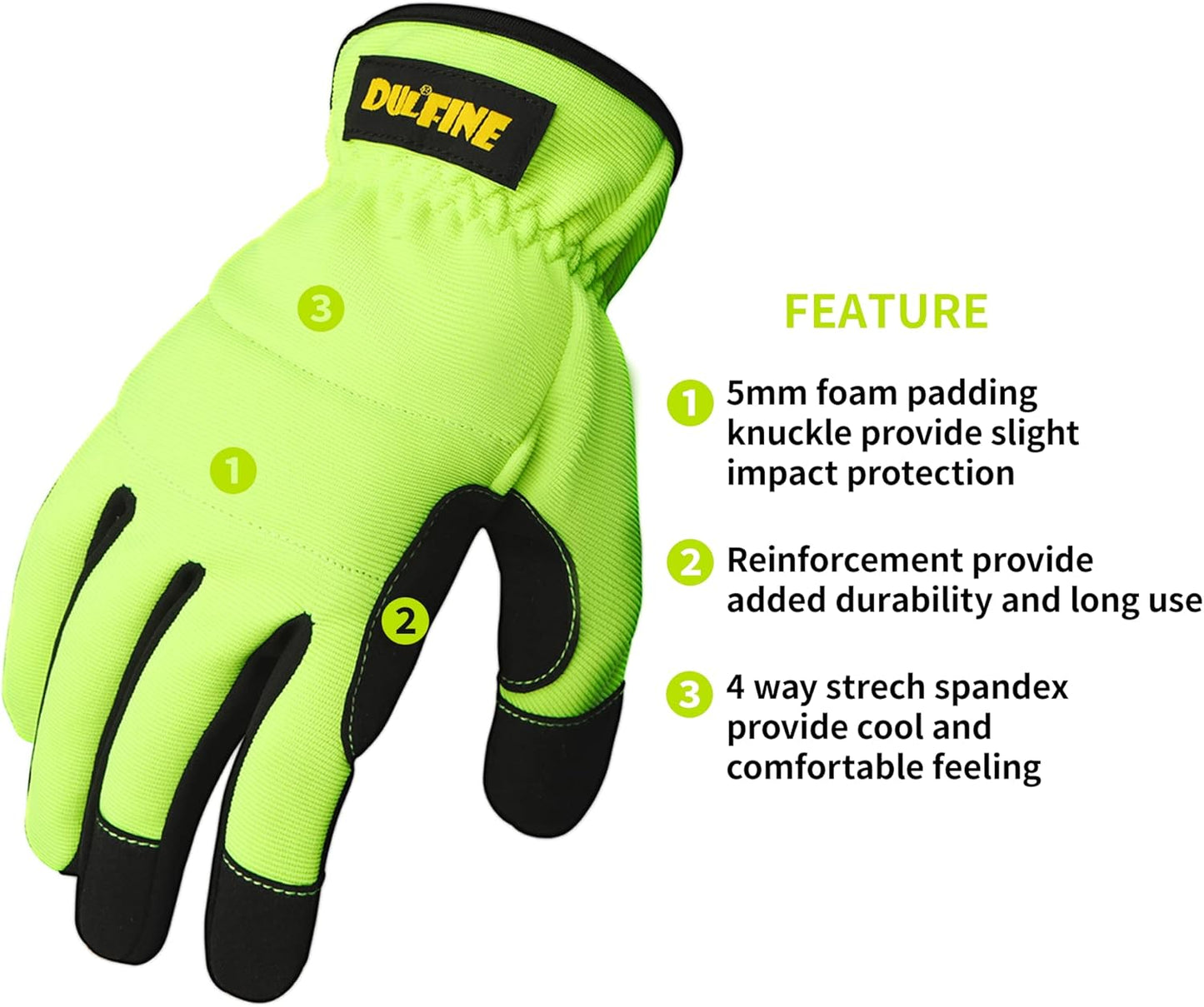 DULFINE High Performance Work Gloves For Men(3 Pairs Pack), Hi-Vis Yellow Color,High Dexterity Touch Screen For Multipurpose,Excellent Grip (Small)