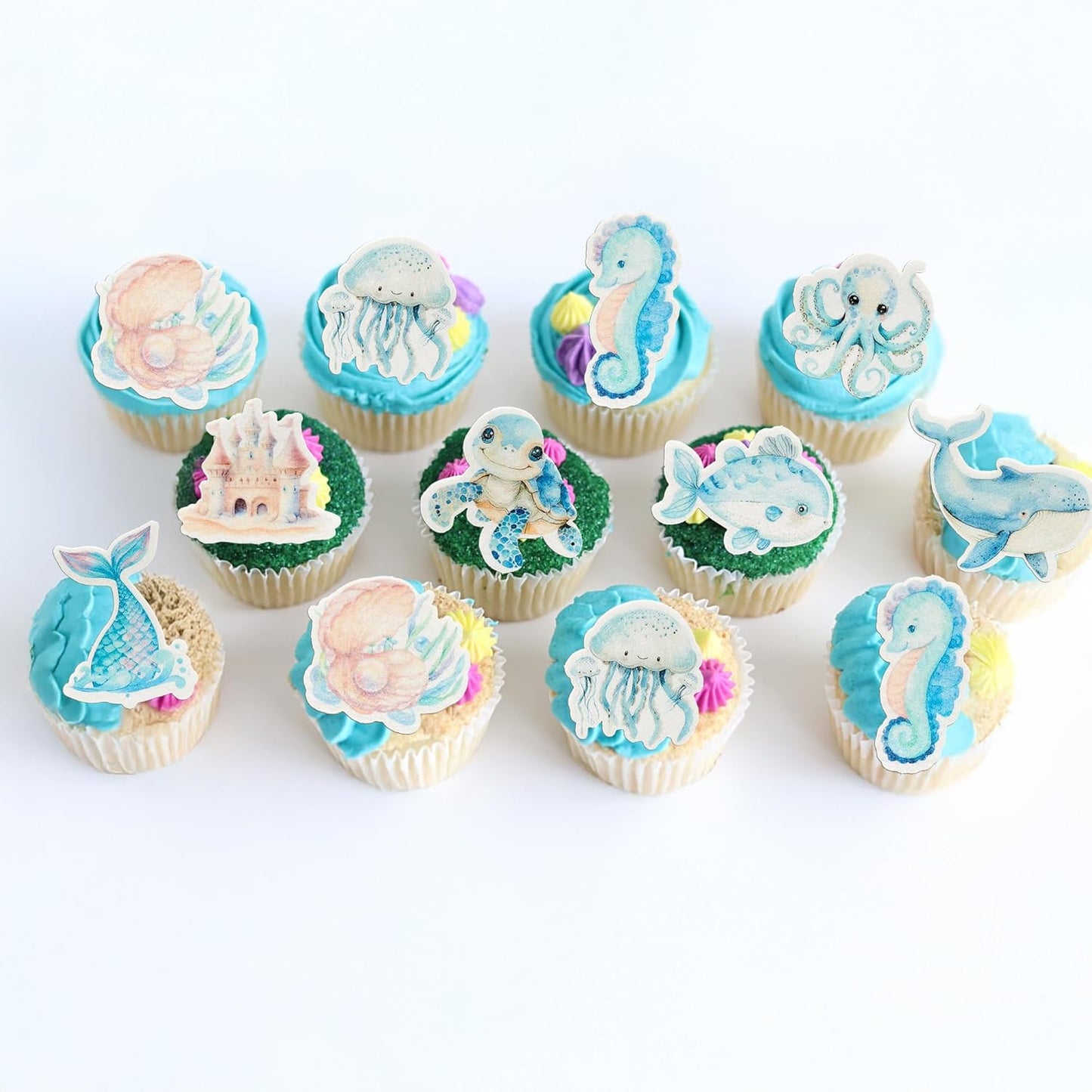 Ephlyn 54Pcs Edible Ocean Animal Cupcake Toppers Wafer Paper Octopus Dolphin Turtle Crab Mermaid Tail Cake Picks for Under the Sea theme Birthday Party Supplies Pink Blue