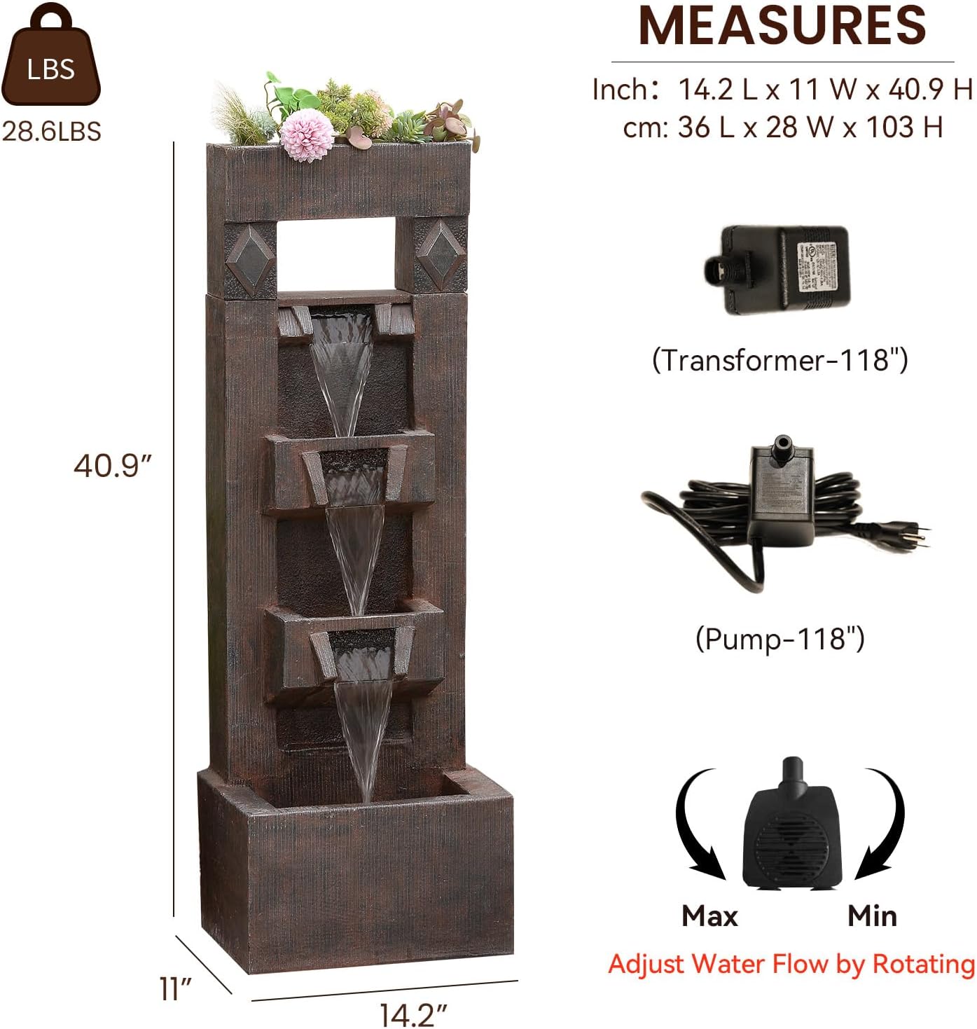 40.9" H 4-Tier Indoor/Outdoor Modern Water Fountain with Led Lights and Pump, Outdoor Freestanding Cascading Waterfall - Suitable for Garden, Patio, Porch, Yard and Outdoor Decor (Brown)