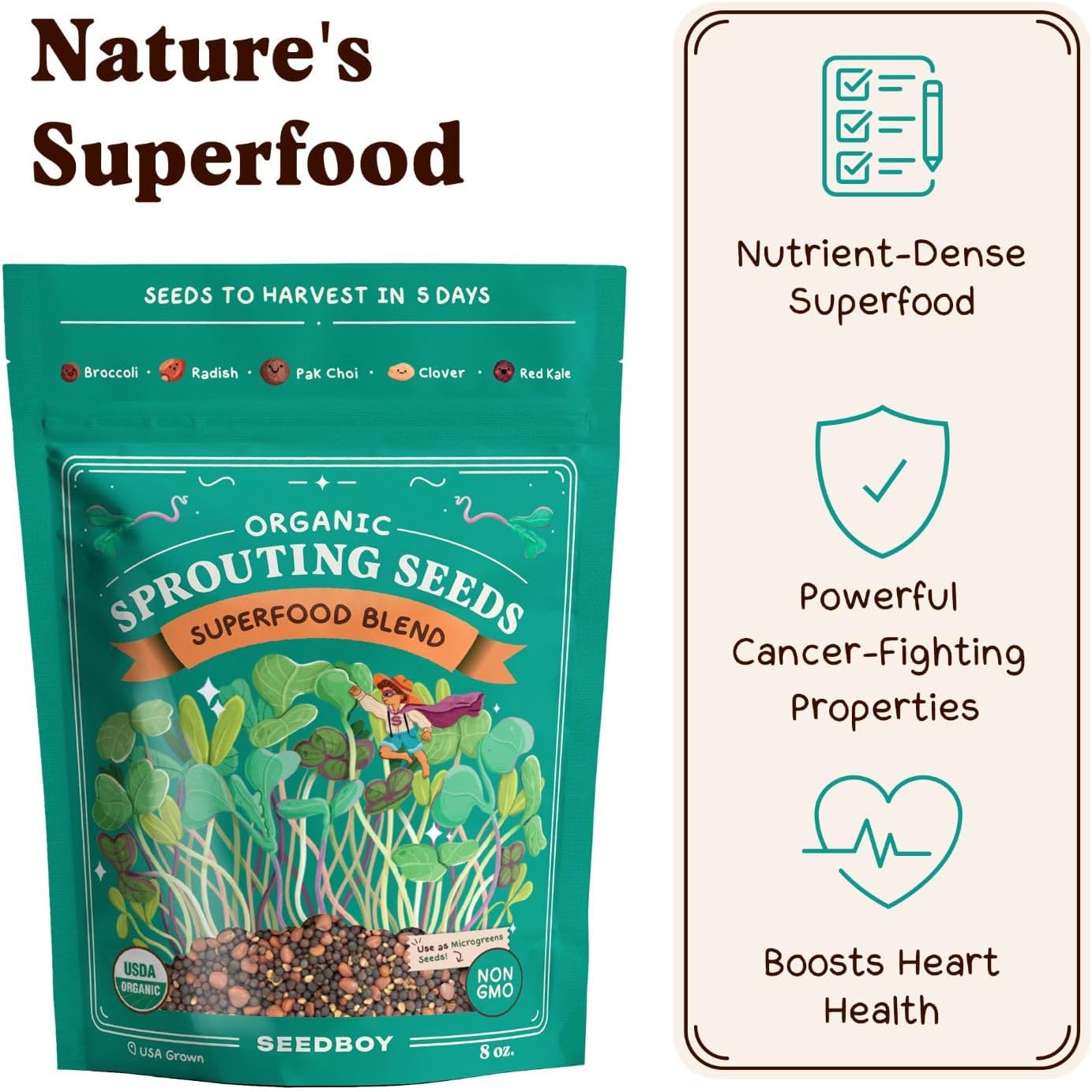 Seedboy Organic Sprouting Seeds - Superfood Blend - Non-GMO, USA Grown Microgreens Mix - Broccoli, Radish, Pak Choi, Clover, Red Kale - Makes 8 Quarts of Sprouts, 24 Servings (8 oz) (Superfood Blend)