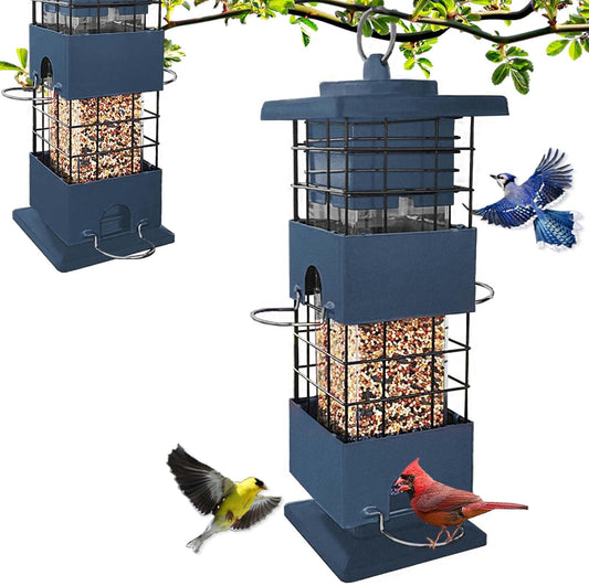 Bird Feeder 3LBS Metal Anti-Squirrel Wild Birdseed Feeder for Finch Cardinal Blue Jay Outdoors Hanging (Blue)