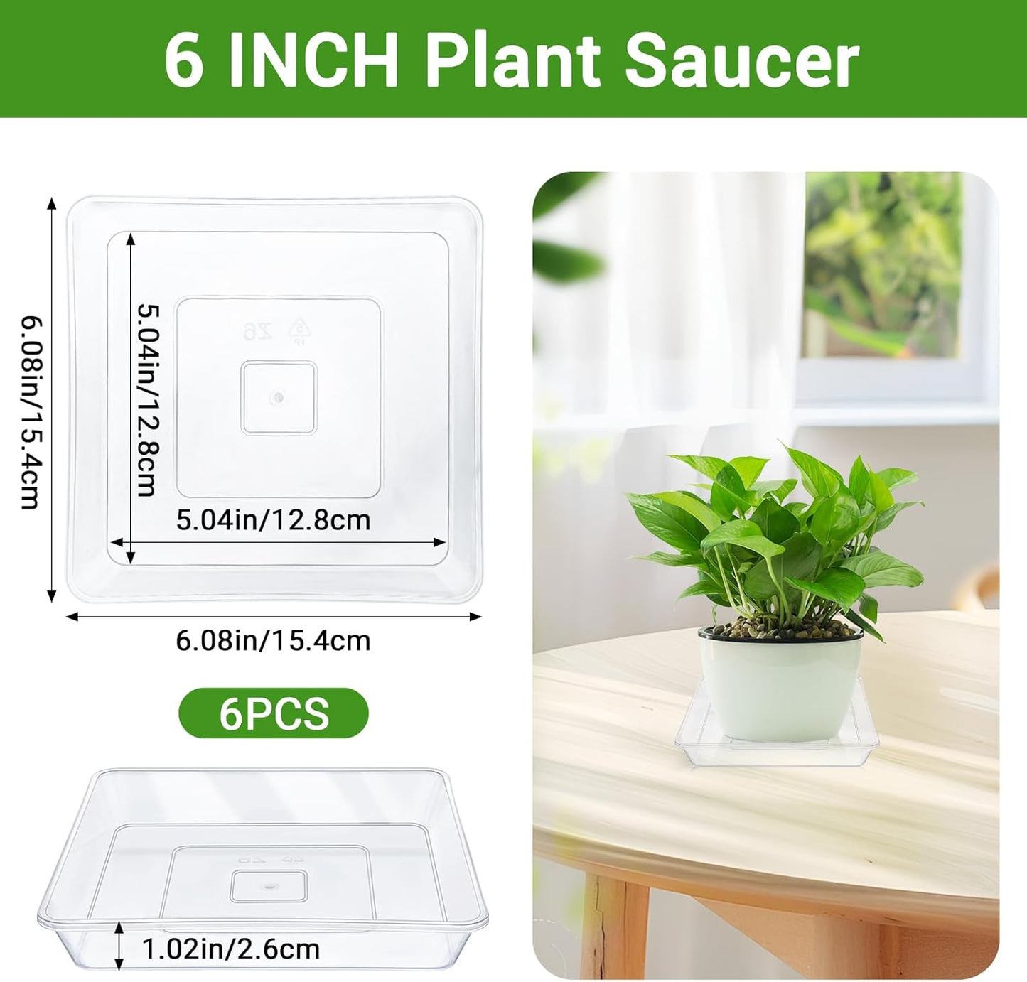 GREANER 6 Inch Square Plant Saucer, 6 PCS Plastic Tray for Indoors, Durable Thick Flower Pot Plant Drip No Holes, Clear Plant Water Catcher Tray for Indoor Outdoor Planter