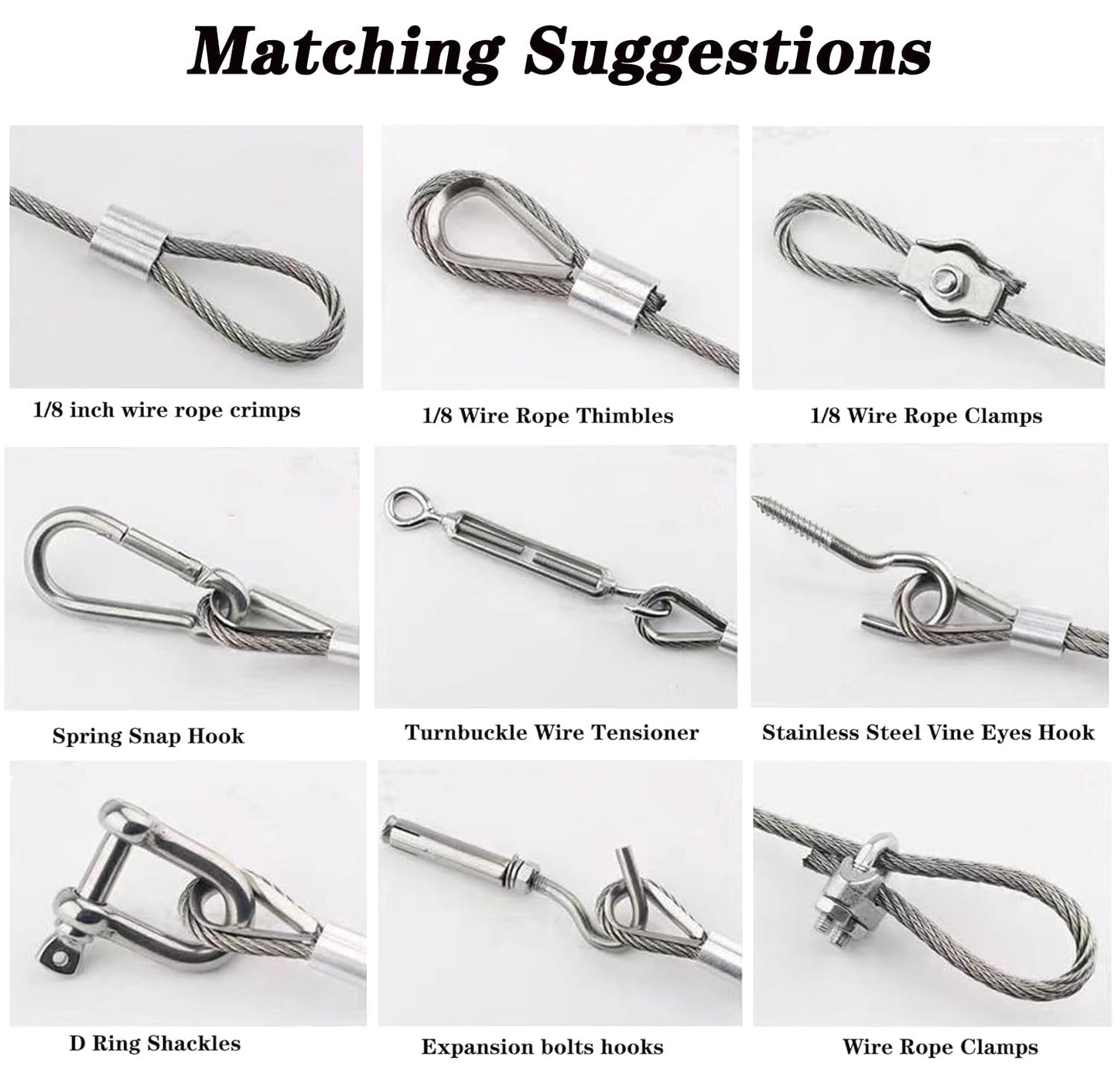 1/8" Wire Rope Kit with M5 Turnbuckles - 164FT Vinyl Coated Stainless Steel Cable, 7x7 Braided Strands Aircraft Cable for Climbing Plants, Outdoor String Lights Hanging