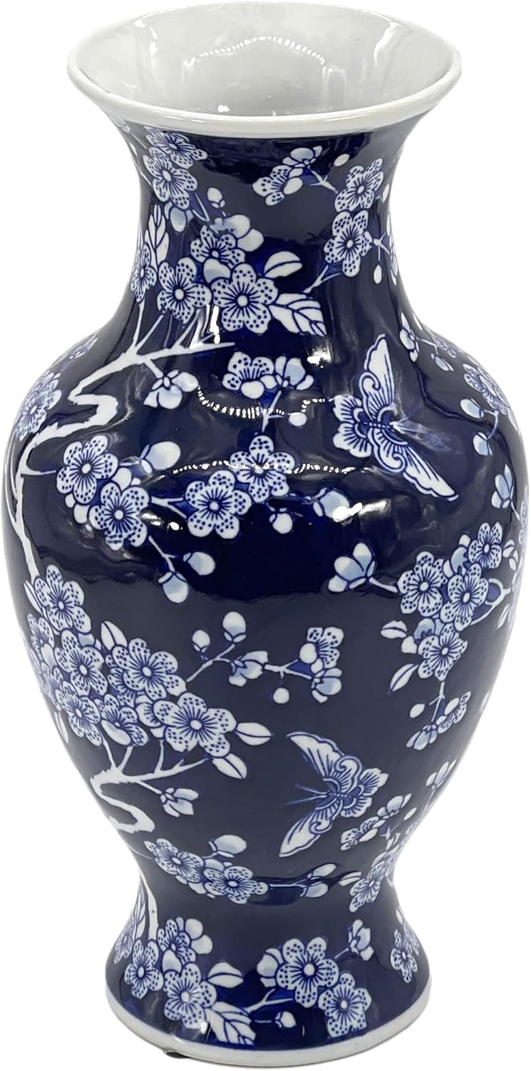 Galt International Dark Blue Floral Chinoiserie Ceramic Vase 14"- Hand Painted Antique Style Porcelain Butterfly & Flower Bottle Fishtail Porcelain Chinese Vase for Home Decor Centerpiece