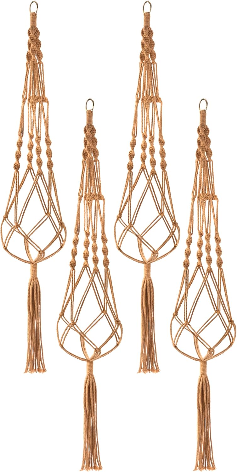 Sorbus Macrame Plant Hanger (4 Pack) Indoor Outdoor Hanging Plant Pots Cotton Rope, Elegant for Home, Patio, Garden (Brown)