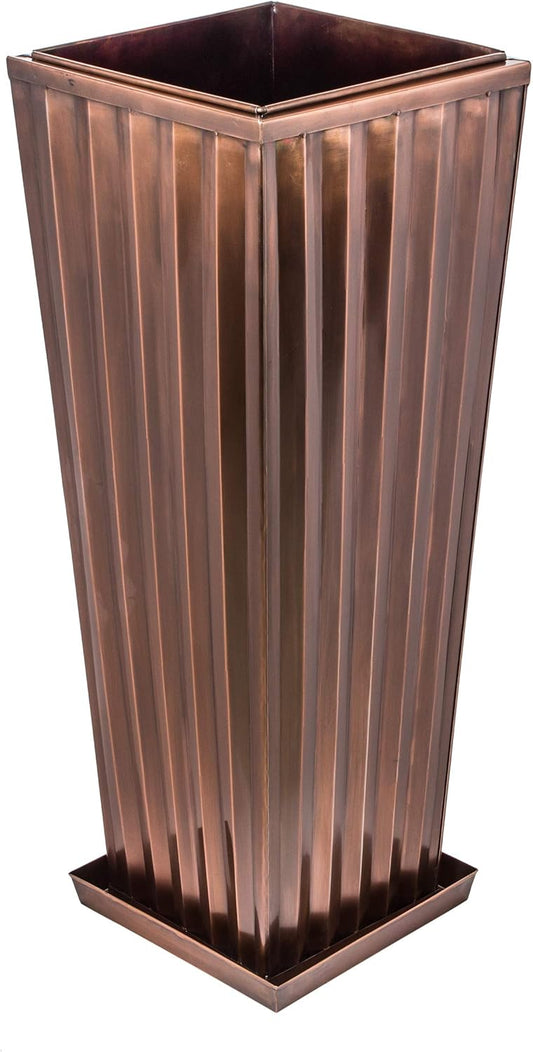 H Potter Copper Planter Tall Ribbed Outdoor Indoor Metal Planters for Patio Deck Garden 29 Inch Small Entrance Planter with Drainage Drip Tray