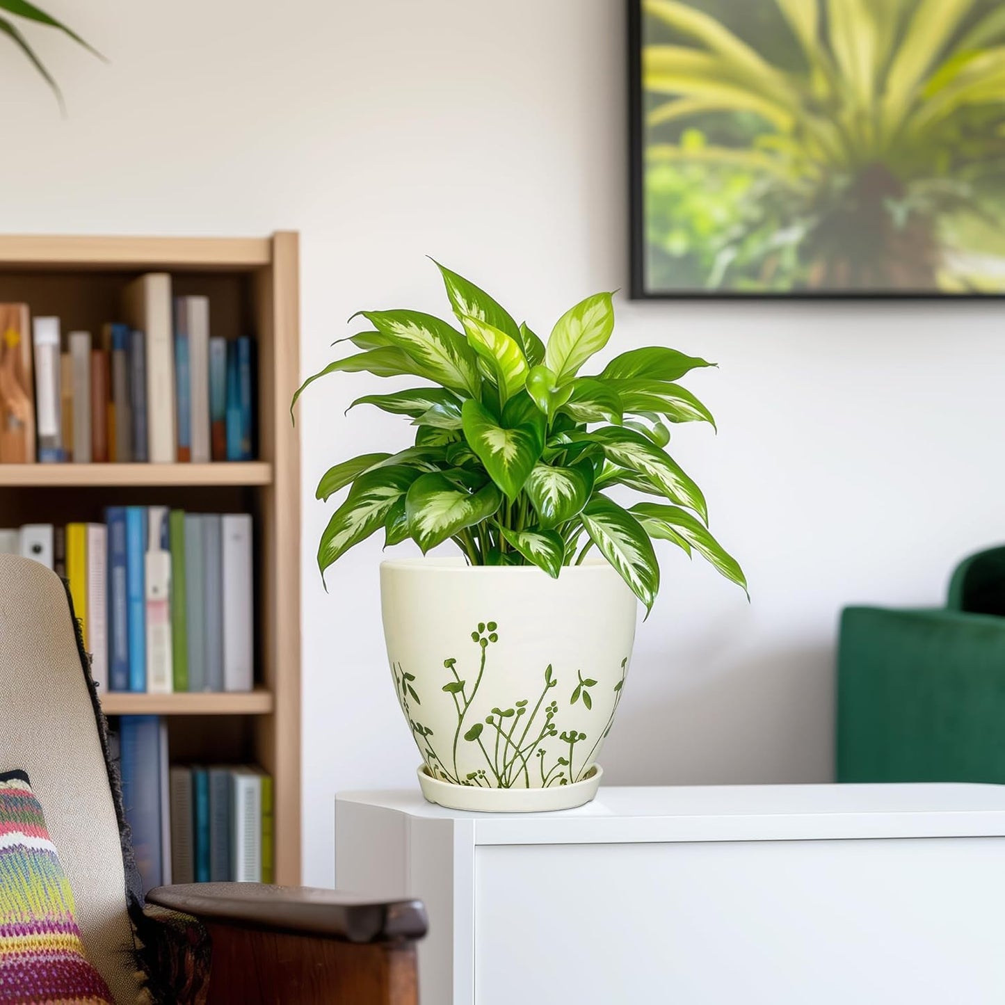 Ceramic Plant Pot 6.8 Inch - Indoor Flower Pot with Drainage Hole and Saucer, Decorative Boho Round Outdoor Indoor Planter, Plant Lover Gifts, Office Home Garden House Decor, White