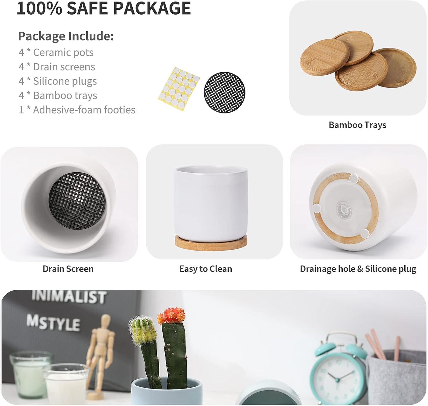 4 Inch Planters with Drainage Hole and Saucer, Small Ceramic Cylinder Plant Pot with Trays for Succulent, Aloe, Cactus & Herbs, Morandi Colors, Set of 4