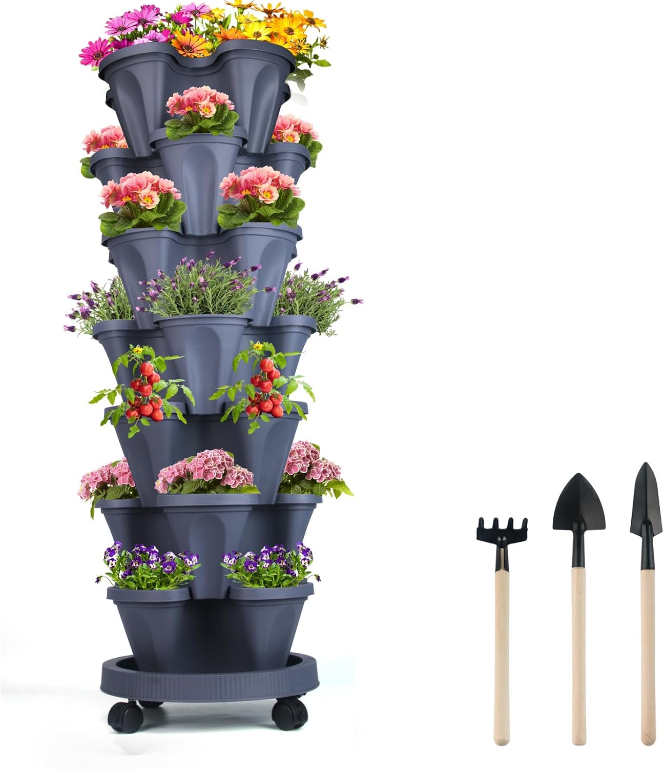 Vertical Planter 7 Tier Stackable Planters Garden Planters Strawberry Herb Flower and Vegetable Planter Indoor Outdoor Gardening Pots with Removable Wheels and Tools