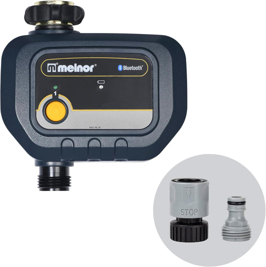 Melnor 65182AMZ Bluetooth Hose Timer, 1-Zone Programmable Watering Timer, Quick Connect Bundle, Black, Yellow