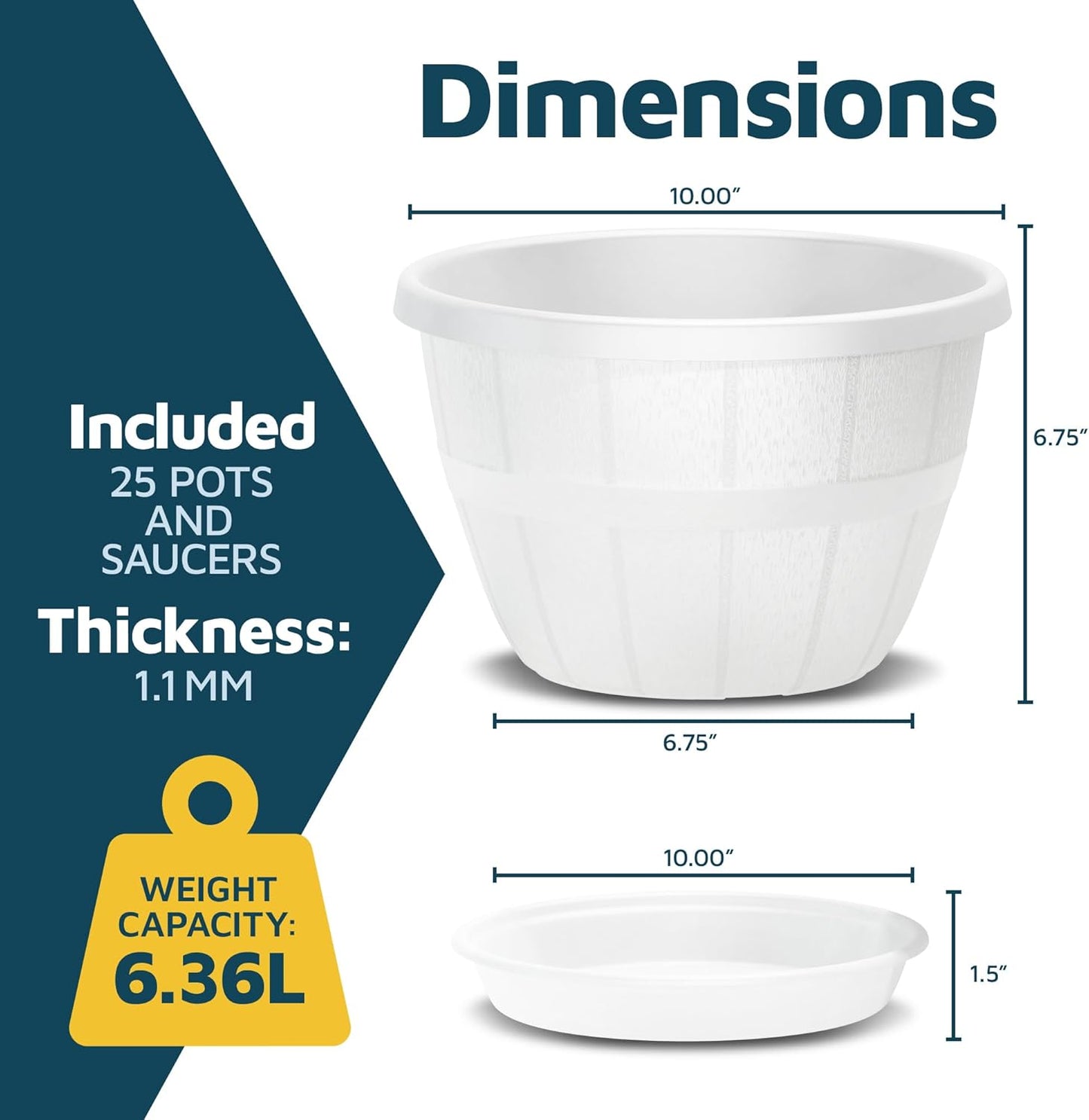 10-Inch Whiskey Barrel Planters Outdoor Pack of 25 - Durable Plastic Plant Pots for Indoor & Outdoor Use with Drainage & Saucer, Lightweight Rustic Barrel Planters for Flowers, Herbs & Small Plants