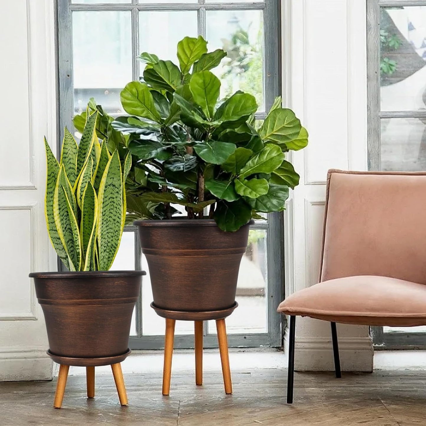 Plant Planters Pots Set of 4 Pack 13 Inch，Large Plastic Flower Pot for Indoor Plants with Drainage Holes & Trays, Resin Decorative Container Sets with Saucer for House Outdoor Garden Plant Copper