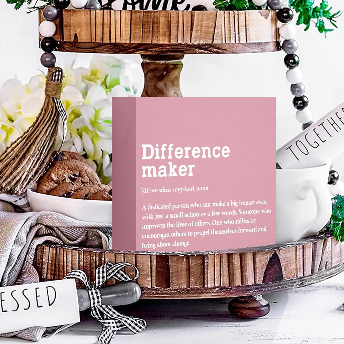 Difference Maker Definition Home Office Decor Wooden Box Sign, Motivational Retirement Thank You Gifts for Women Teacher Boss Lady Mom Coworker Farmhouse Desk Decor Table Shelf Wall Display, Pink