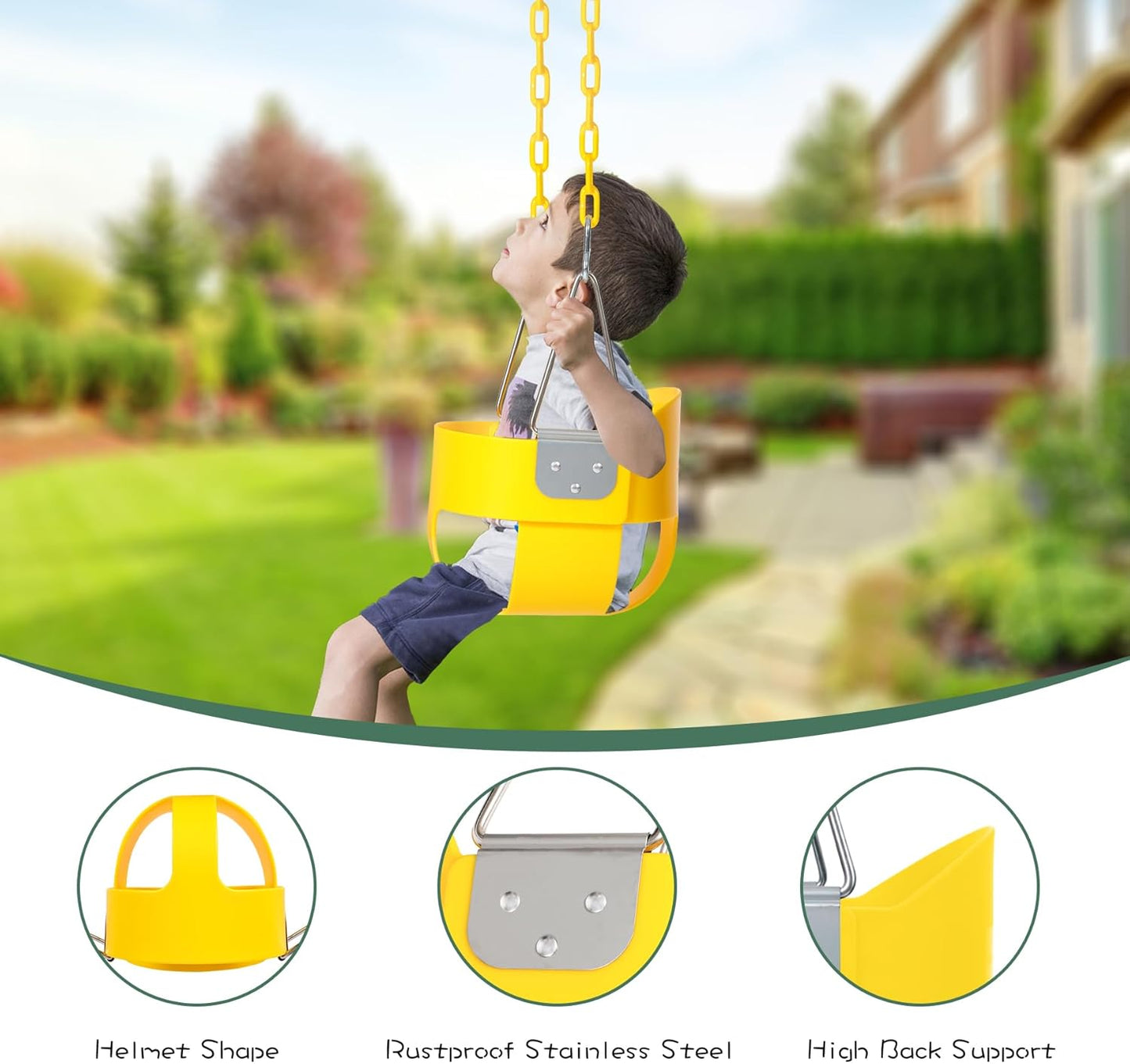 Heavy-Duty Toddler Swing with Coated Safety Chains-High Back Bucket Seat Includes Tree Straps,Hooks for Backyard, Playground,Outdoor Use (Yellow)