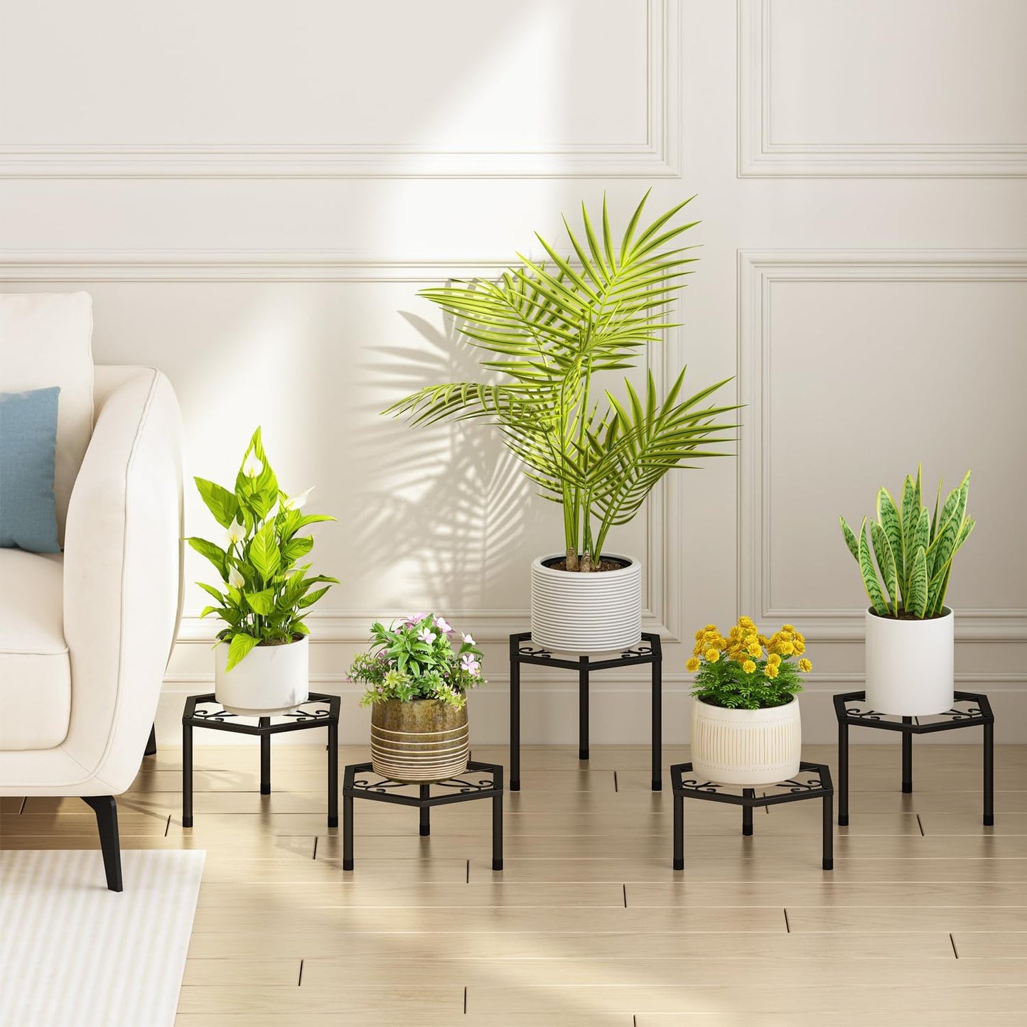 Small Metal Plant Stand indoor - 5 Pack Black Short Flower Pot Stand, Heavy Duty Anti-Rust Iron Shelf for Outdoor Home Patio Garden