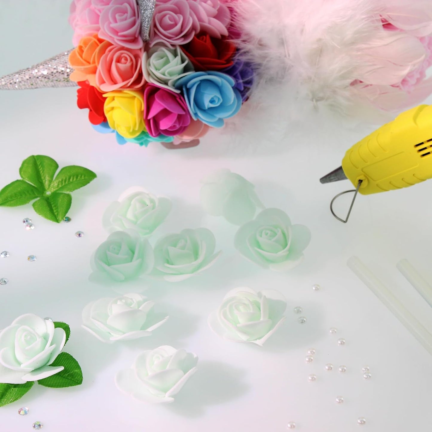 500 Pcs 1.4 Inch Mini Artificial Flowers Head Bulk 5 in 1 Set Faux Foam Fake Small Rose Tiny Baby Flores Bouquet Cake Gift Home Decoration DIY Craft (Aqua Green)