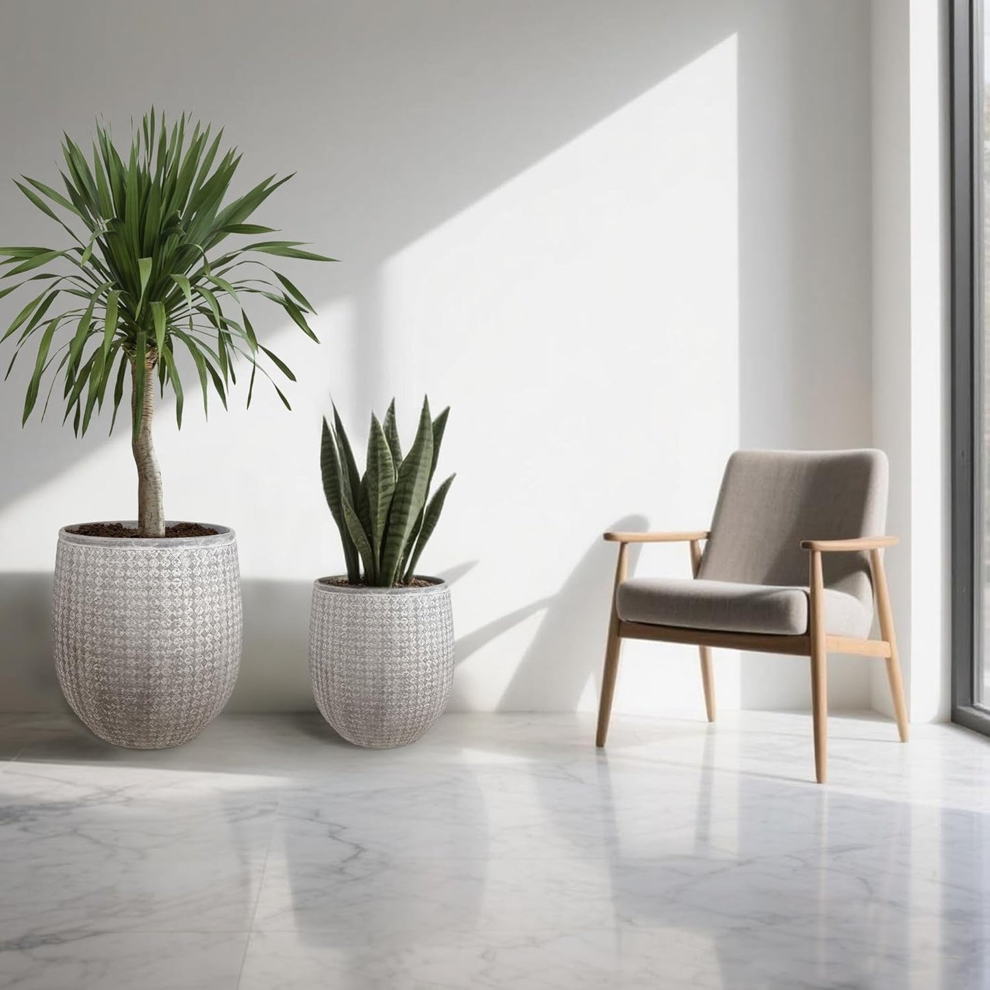 Worth Garden Large Round Planters Set of 2 (14.5"x17.5" & 12" x15“) - Lightweight Magnesium Oxide Cement Plant Pot with Texture - Grey Concrete Look with Drainage Hole – Indoor & Outdoor Use