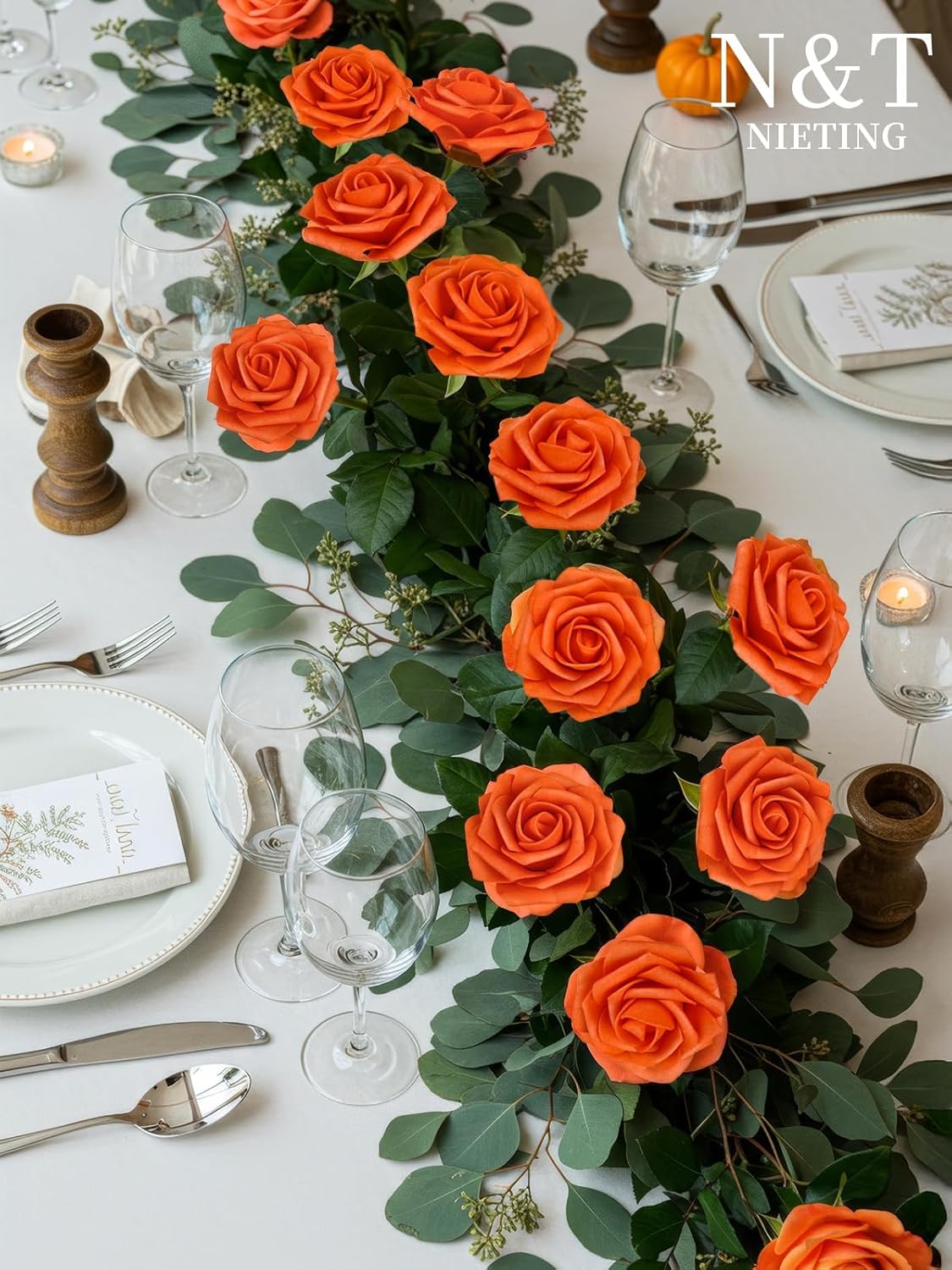 N&T NIETING Artificial Fall Flowers Fake Flowers Orange Roses Perfect for DIY Wedding Bridal Bouquets Centerpieces Bridal Shower Party Home Flower Arrangement Thanksgiving Decorations, 25Pcs