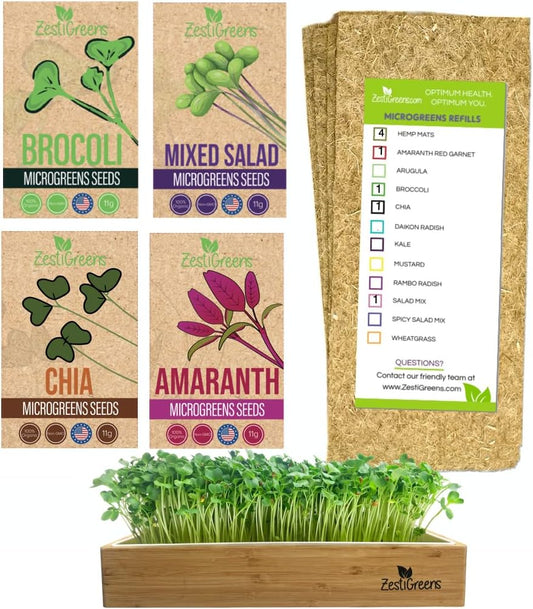 Microgreens Refill for Zestigreens Microgreens Growing Kit. Broccoli, Mixed Salad, Chia & Red Amaranth Organic Microgreen Seeds & 4 mats.