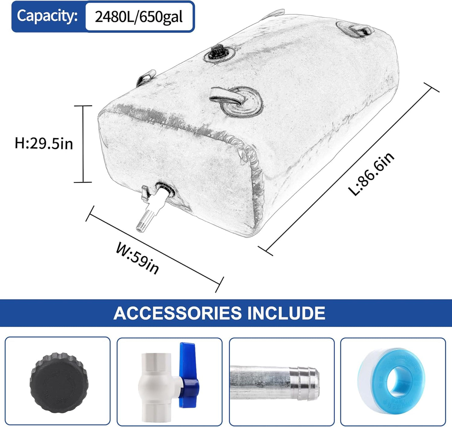 2480 L/650 Gal Water Bladder Tank, Foldable Portable Water Storage Container, Emergency Water Bag for RV, Truck Bed, Fire Prevention, Drought Resistance, Blue