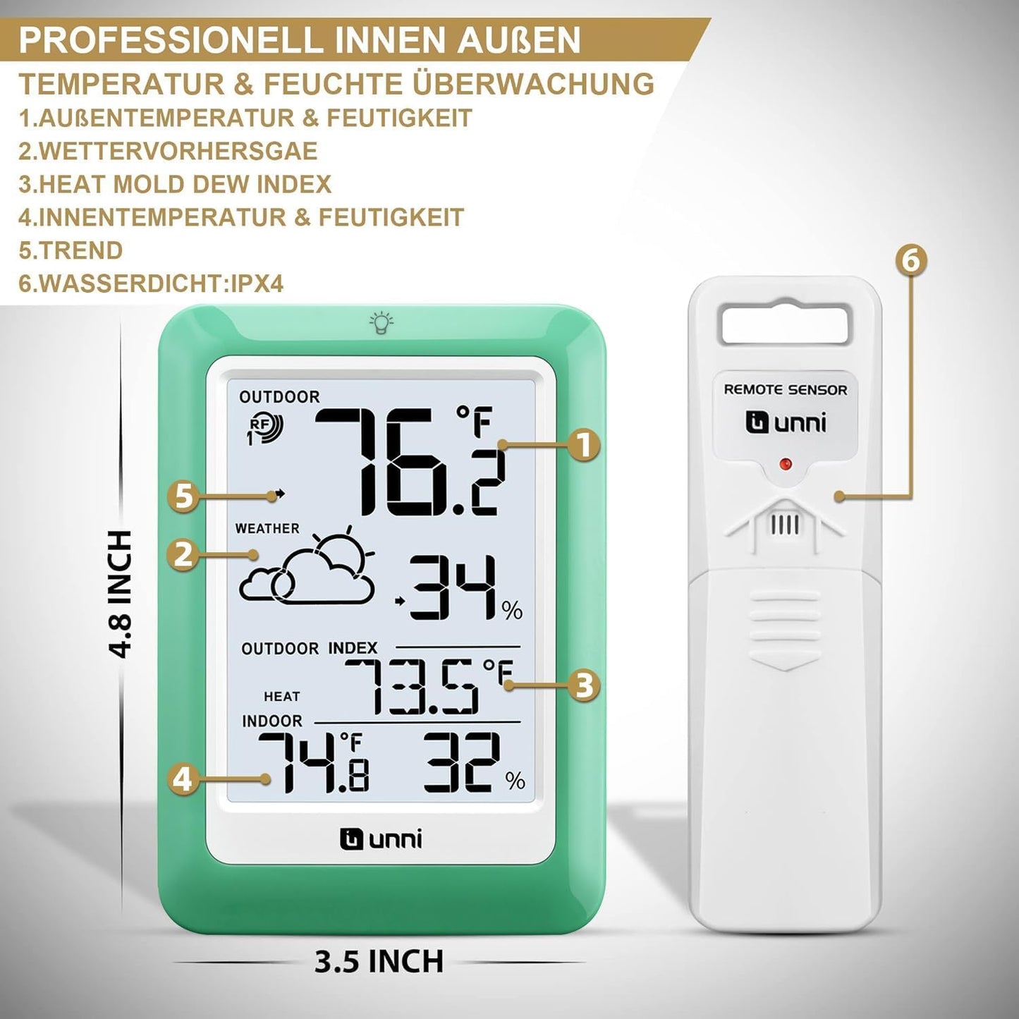 Indoor Outdoor Thermometer Wireless, Temperature Humidity Monitor Battery Powered Inside Outside Thermometers with 330ft Range Remote Sensor(Green)