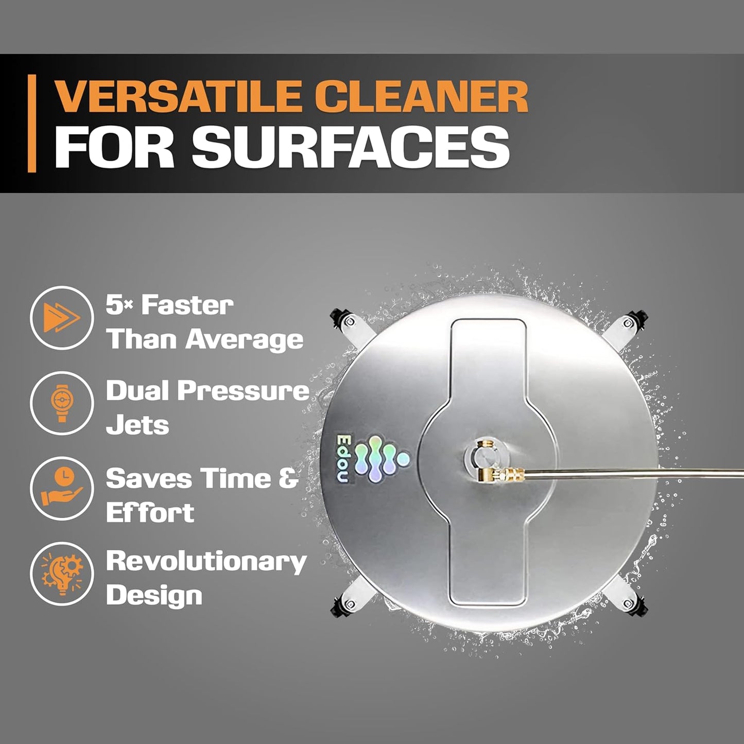 EDOU 18 inch Pressure Washer Surface Cleaner - Stainless Steel Power Washer Attachment - 4,000 PSI Max - Concrete Cleaner with Dual Nozzles and Extension Wands - Silver