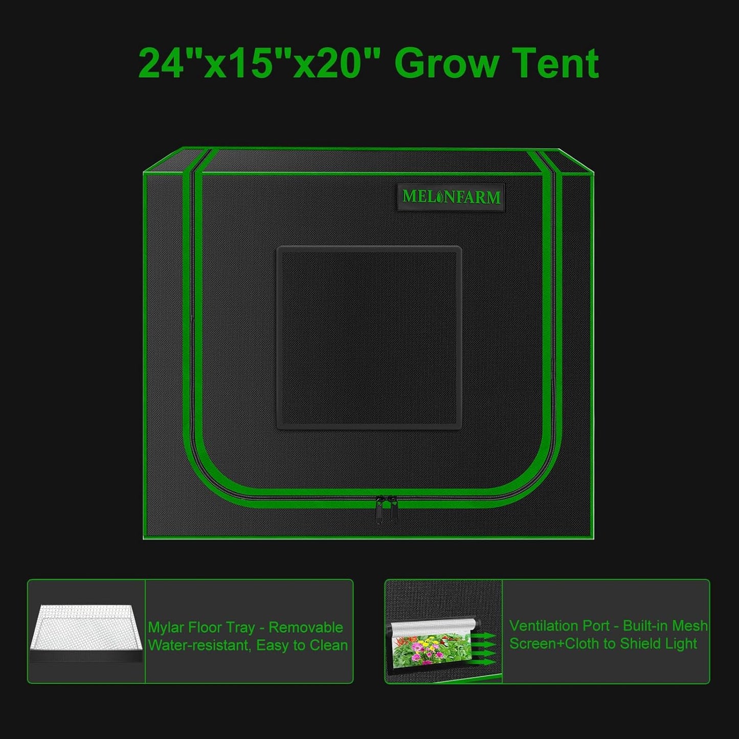 MELONFARM Small Grow Tent for Aerogarden，24”x16”x20” ，Hydroponics Growing System ，Highly Reflective 600D Diamond Mylar Canvas with Ventilation window and Floor Tray for Hydroponic Indoor Plant Growing