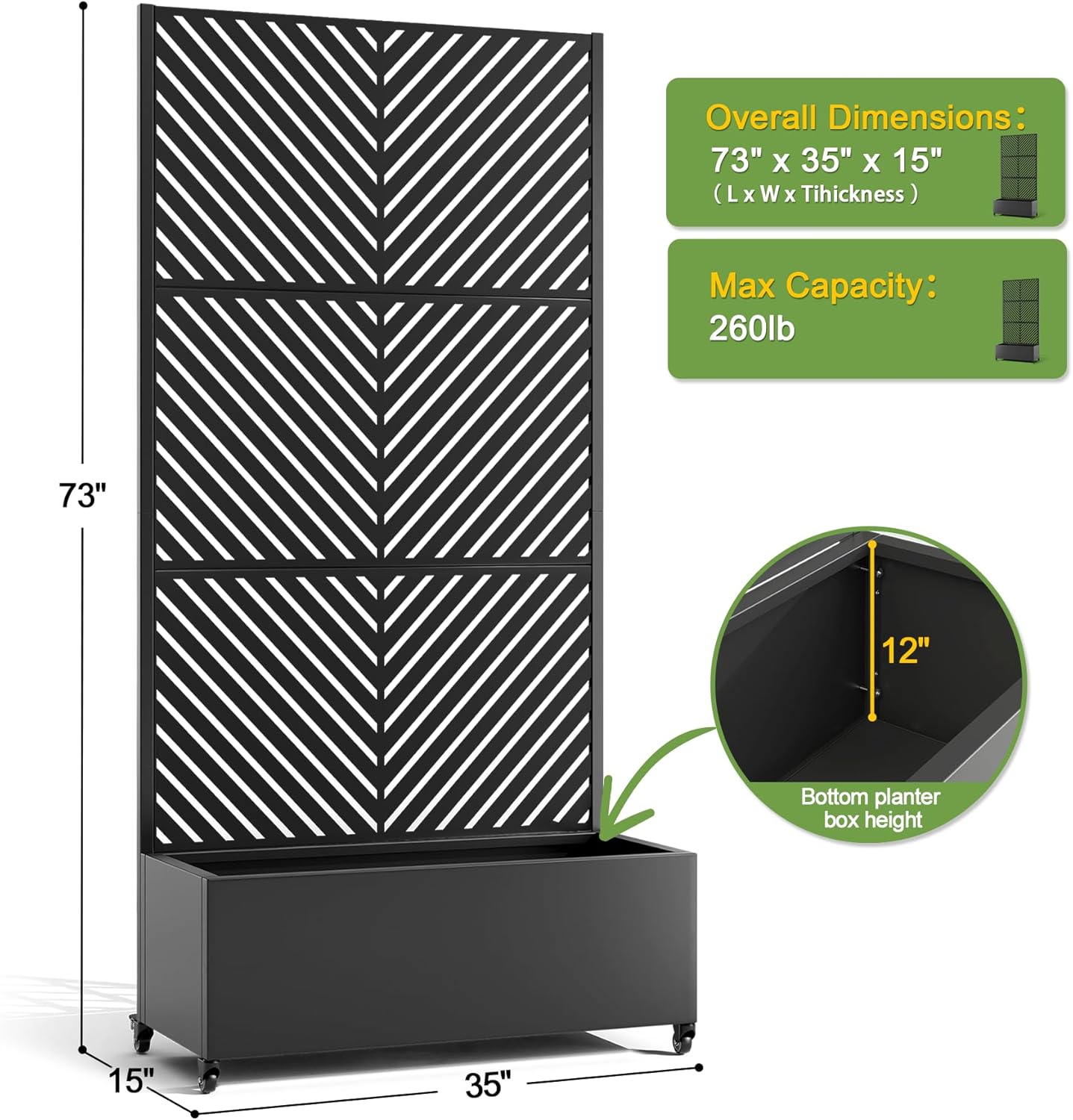 FENCY Metal Raised Garden Bed with Wheels and Trellis,73"x35"x16" Planter Box for Climbing Plants, Vegetables & Vines, Features Privacy Screen and Drainage Holes (Black-Arrow)