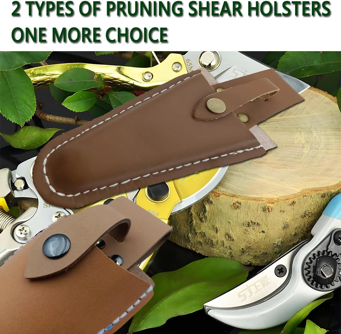 Pruner Holster,Garden Leather Hanging Pouch with Safety Lock for Hanging Pruning Shears for Garden Pruning Pliers Shears Scissors (Yellow+Brown)