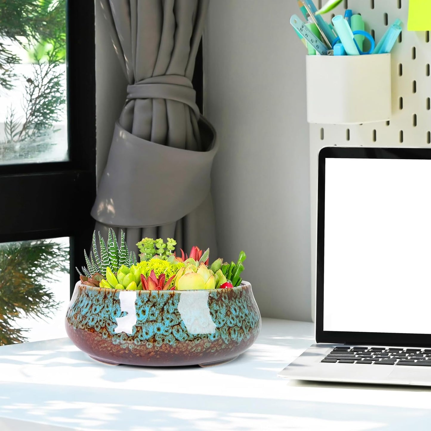 ARTKETTY Succulent Pots - 8 Inch Plant Pot, Large Bonsai Pots with Drainage, Ceramic Planters for Indoor Outdoor Plants, Round Shallow Cactus Flower Plant Container Bowl Decorative Home Garden