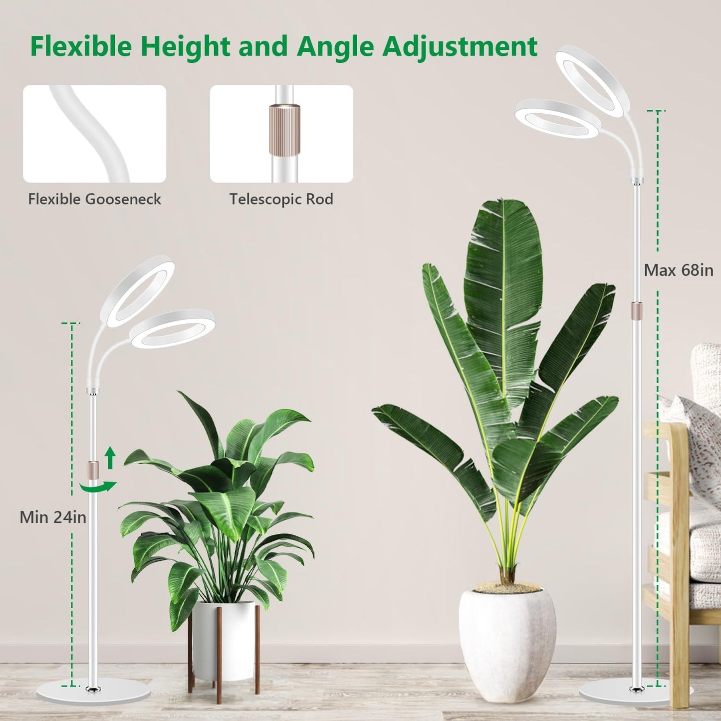 Large Plant Light for Indoor Plants, 2 Head Full Spectrum Grow Light with 68" Adjustable Stand for Growing Large Tall Plants, White Halo Floor LED Grow Lamp with 16 Hour Timer