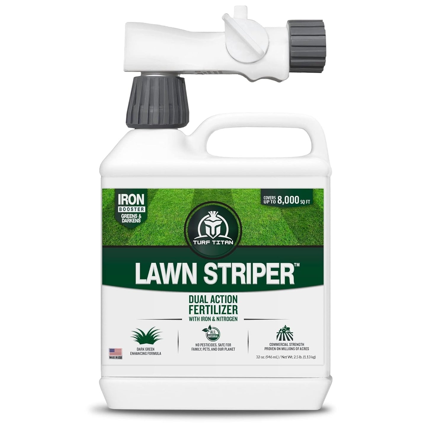 Turf Titan Lawn Striper Hose End – Iron & Nitrogen Fertilizer to Promote Dark-Green, Stripe-Defined Turfs – Kids & Pet Safe, Natural Lawn Fertilizer – Covers up to 8,000 Sq Ft
