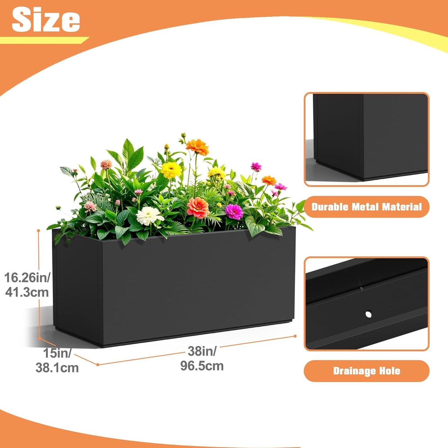 Rectangle Planter for Indoor & Outdoor, Tall and Long Planter Boxes with Drainage Holes, Mental Planter Box All-Weather Use for Plants, Flowers, 38" L x 15" W x 16.3" H, Black