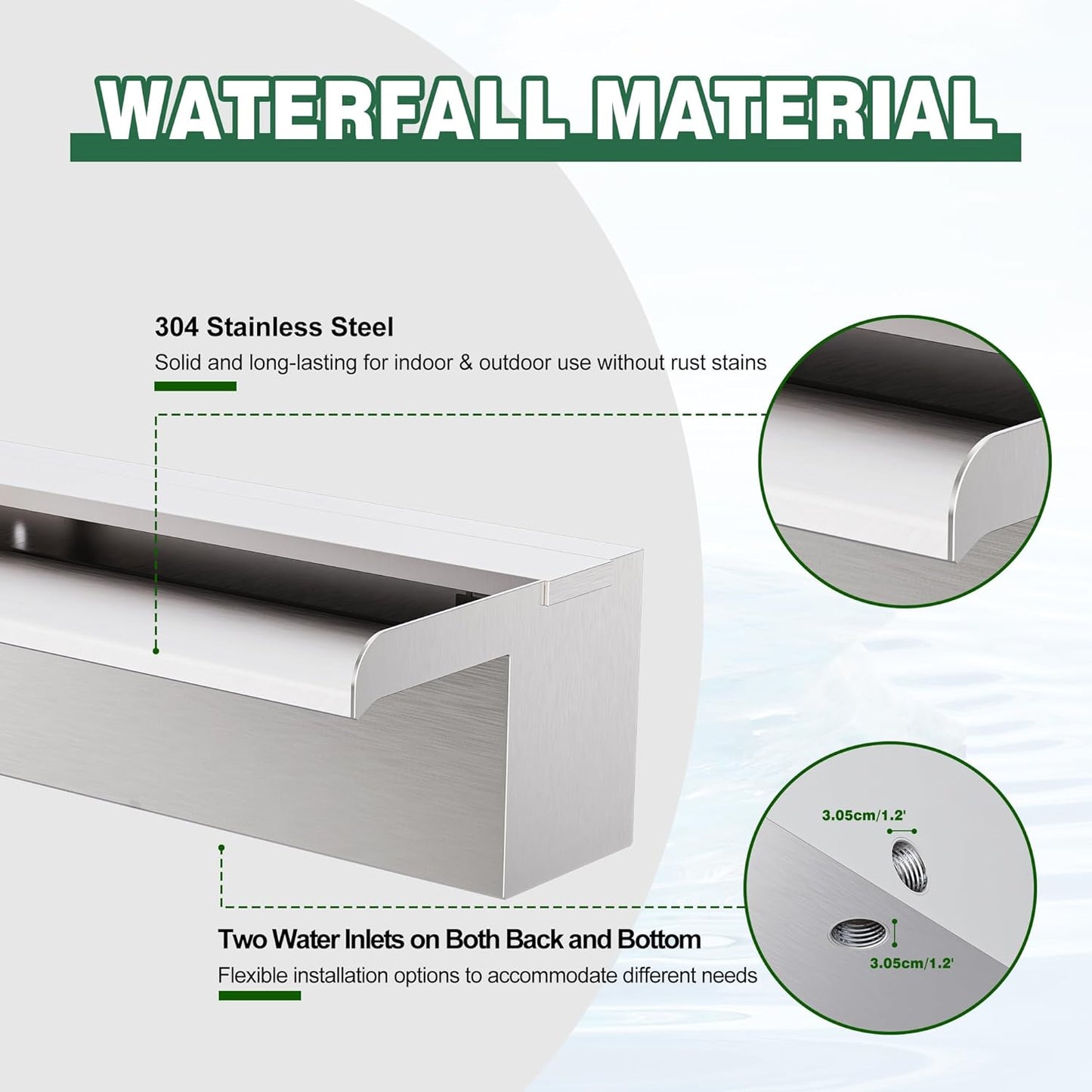 Waterfall Pool Fountain LONGRUNNEW 304 Stainless Steel 11.8" Rectangular Waterfall Spillway, Water Fall Fountain with Pipe Connector for Garden Outdoor, Swimming Pools, Fountains, Pond and Spa