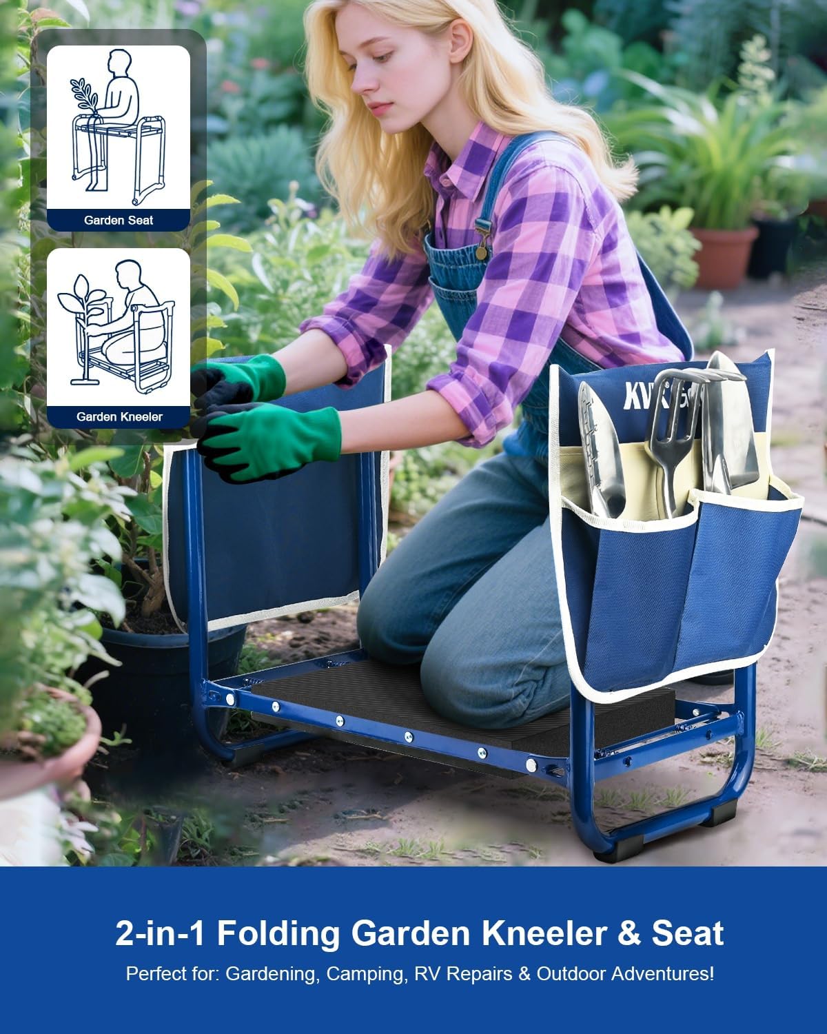 KVR Garden Kneeler and Seat Set 2025 Upgraded - Heavy Duty Foldable Bench Chair with 3 Tools & 2 Tool Pouch + Multi-Purpose Bag, Gardening Stool Gifts for Seniors, Women, Mom
