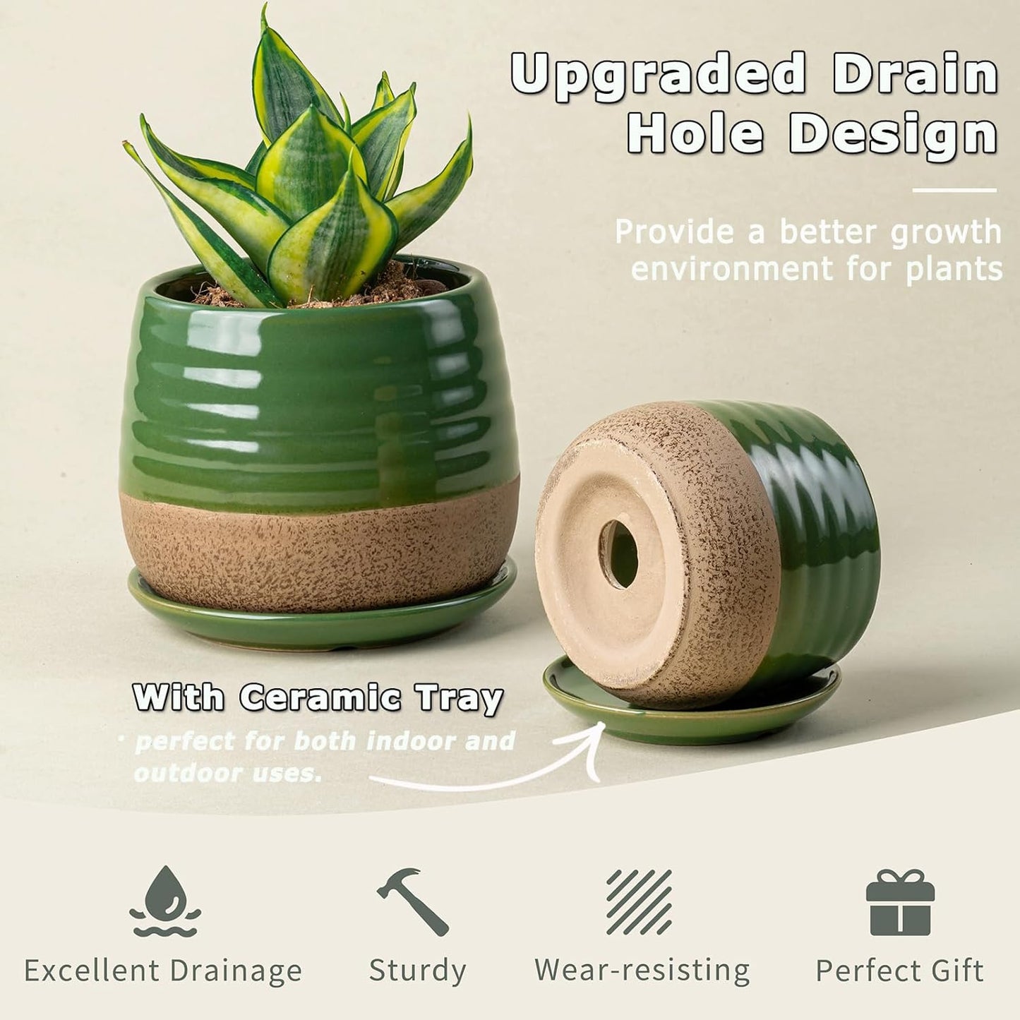 3 Piece Ceramic Small Planter for Indoor Plants - Succulent Plant Pots with Drainage Holes and Saucers - 3.4/4.7/6.1 inch Modern Decorative Small Flower Pots for Bamboo, Succulents and Herbs, Green