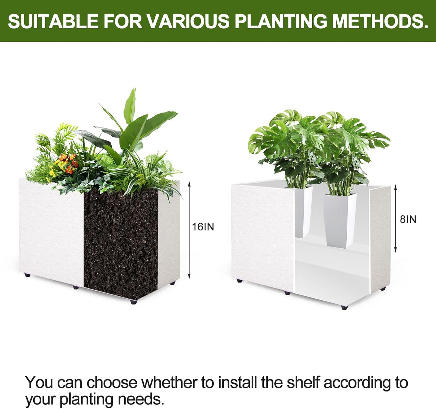 Planter Box Rectangular Block - 24×16×12IN Galvanized Steel Metal Long Box Planter Easy Installation Modern Outdoor Tall Planters All-Weather Use with Drainage Holes for Patio/Porch(White)