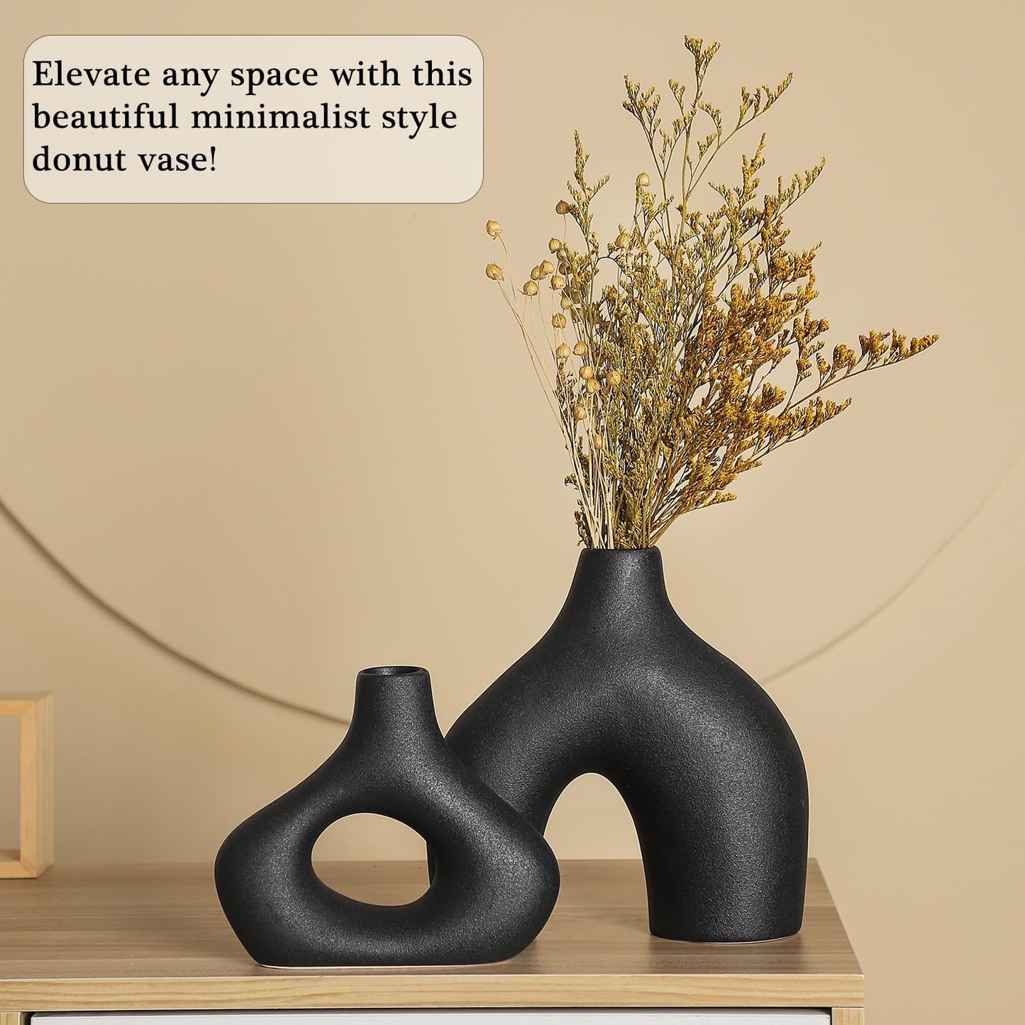 CEMABT Black Ceramic Vase Set of 2 for Modern Minimalist Bohemian Decor，Round Matte Donut Vases for Pampas Grass-Perfect for Living Room, Dining Table, Office Bedroom Shelf Decor Entryway, Console
